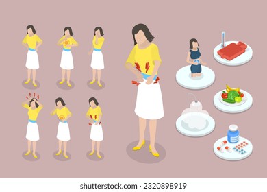 3D Isometric Flat Vector Conceptual Illustration of Menstrual Pain, PMS Symptom