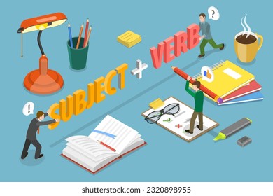 3D Isometric Flat Vector Conceptual Illustration of English Grammar , Sentence Structure with Subject and Verb