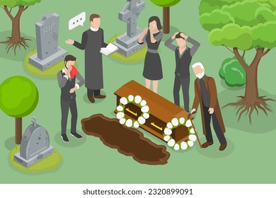 3D Isometric Flat Vector Conceptual Illustration of Funeral Ceremony, Priest Holding Funeral Service