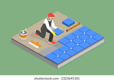 3D Isometric Flat Vector Conceptual Illustration of Professional Tiler, Installing Ceramic Floor Tiles