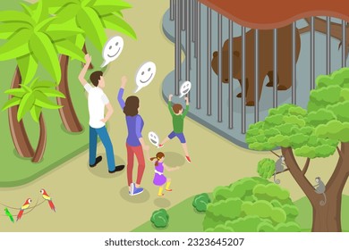 3D Isometric Flat Vector Conceptual Illustration of Visiting Zoo, Family Time