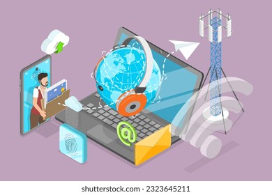 3D Isometric Flat Vector Conceptual Illustration of Telecommunication Network, Radio and Mobile Connection