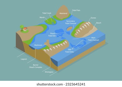 3D-Isometrisches Flachbild-Vektorgrafik, Conceptual Illustration of Barrier Island System, Educational Diagramm