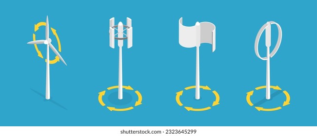 3D Isometric Flat Vector Conceptual Illustration of Vertical Axis Wind Turbines, Technologies for Alternative Power Production