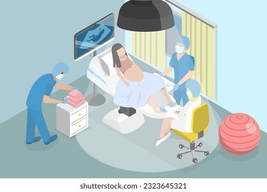 3D Isometric Flat Vector Conceptual Illustration of Childbirth, Pregnant Woman Giving Birth to a Baby in Hospital