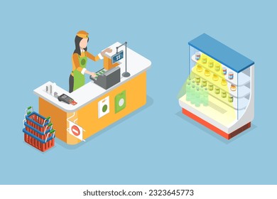 3D Isometric Flat Vector Conceptual Illustration of Cashier, Supermarket Store Assistant