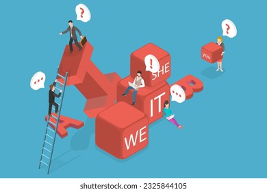 3D Isometric Flat Vector Conceptual Illustration of Pronouns, English Grammar