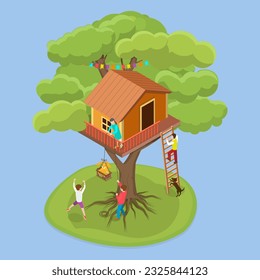 3D Isometric Flat Vector Conceptual Illustration of Treehouse, Home on Branches with Ladders