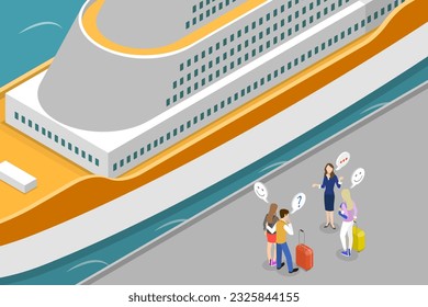 3D Isometric Flat Vector Conceptual Illustration of Cruise Travelling, Passengers with Baggage Walking in Deck