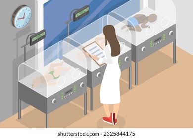 3D Isometric Flat Vector Conceptual Illustration of Neonatologist, Hospital Preterm Baby Incubator