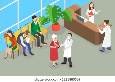3D Isometric Flat Vector Conceptual Illustration of Receptionist, Customers at Reception