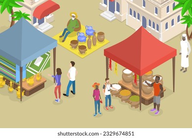 3D Isometric Flat Vector Conceptual Illustration of Arabic Bazaar, Middle Eastern Street Trade