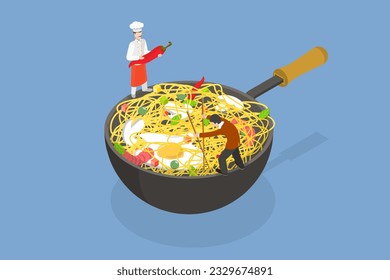 3D Isometric Flat Vector Conceptual Illustration of Asian Wok, Pan with Noodles
