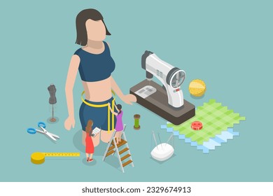 3D Isometric Flat Vector Conceptual Illustration of Tailor Measurements, Dressmakers at Work