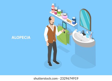3D Isometric Flat Vector Conceptual Illustration of Baldness Alopecia, Hairloss Problem