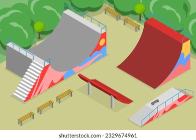 Isometric Vector plano 3D Ilustración conceptual del área de Skateboarding, Parque Skate