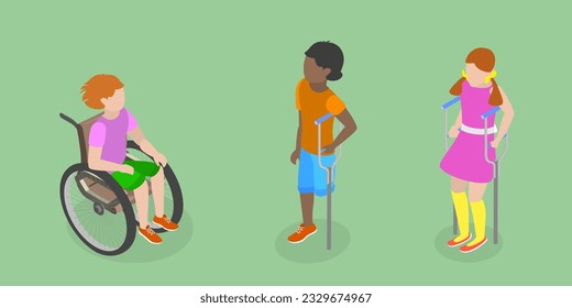 3D Isometric Flat Vector Conceptual Illustration of Children With Cerebral Palsy, Support for Kids with Health Problems