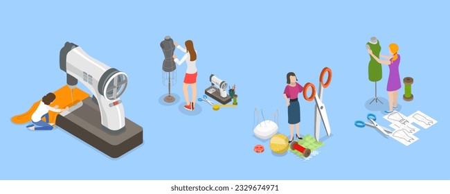 3D Isometric Flat Vector Conceptual Illustration of Sewing Workshop, Fashion Designer