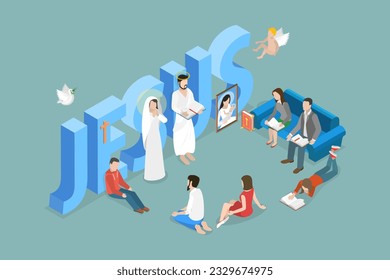 3D Isometric Flat Vector Conceptual Illustration of Christianity, Set of Religious People and Jesus Christ svg