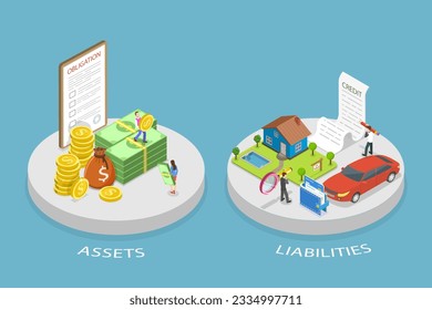 3D Isometric Flat Vector Conceptual Illustration of Assets And Liabilities, Balance with Debts and Incomes