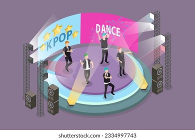 3D Isometric Flat Vector Conceptual Illustration of Kpop Perfomance, Dancing and Singing on Stage