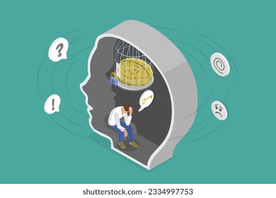 3D Isometric Flat Vector Conceptual Illustration of Mental Trap , Mind Prison
