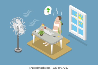 3D Isometric Flat Vector Conceptual Illustration of Overheating, High Temperature and Hot Weather