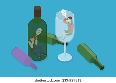 3D Vector plano isométrico Ilustración conceptual de la adicción al alcohol , alcoholismo