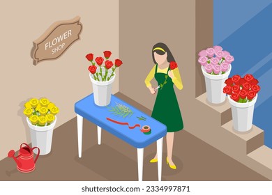3D Isometric Flat Vector Conceptual Illustration of Flower Shop, Floral Workshop