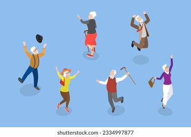 3D Isometric Flat Vector Conceptual Illustration of Happy Seniors, Retired Dancers