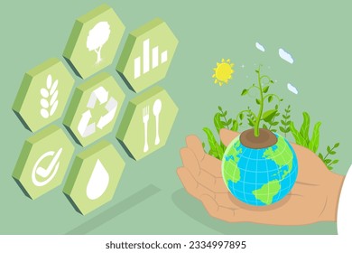 3D Isometric Flat Vector Conceptual Illustration of Regenerative Agriculture, Sustainable Farming