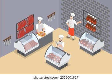 3D Isometric Flat Vector Conceptual Illustration of Butchers Shop, Meat Store