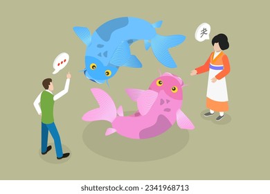 3D Isometric Flat Vector Conceptual Illustration of Japanese Philosophy, Koi Fish