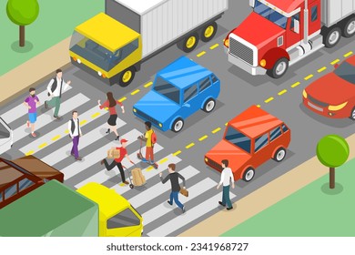 3D Isometric Flat Vector Conceptual Illustration of Busy City, Crosswalk with Pedestrians