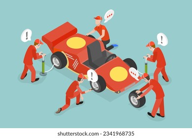 3D Isometric Flat Vector Conceptual Illustration of Pit Stop, Maintenance of a Racing Car