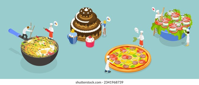 3D Isometric Flat Vector Conceptual Illustration of Various Dishes, Different Food Set