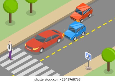 3D Isometric Flat Vector Conceptual Illustration of Road Accident, Car Collision