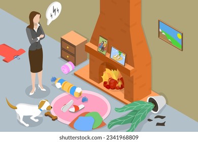 3D Isometric Flat Vector Conceptual Illustration of Naughty Dog, Domestic Animal or Pet Bad Behavior