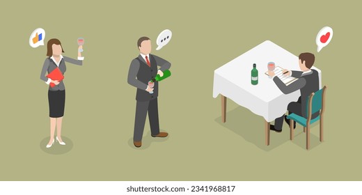 3D Isometric Flat Vector Conceptual Illustration of Wine Degustation, Professional Sommelier