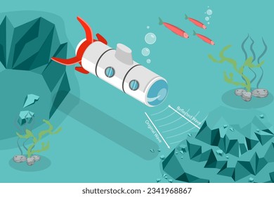 Ilustración conceptual del vector plano isométrico 3D de la navegación de sonar y submarino, navegación sonora