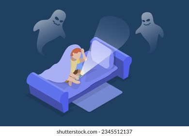 3D Isometric Flat Vector Conceptual Illustration of Children Nightmares, Night Phobia