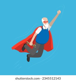 3D Isometric Flat Vector Conceptual Illustration of Grandpa Super Hero, Retro Style Comics Superhero