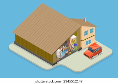 3D Isometric Flat Vector Conceptual Illustration of Overfilled Garage, Spring Cleaning