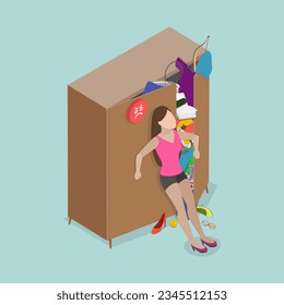 3D Isometric Flat Vector Conceptual Illustration of Bursting Wardrobe, Mess and Clutter in Closet