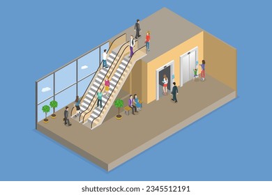 3D Isometric Flat Vector Conceptual Illustration of Escalator And Elevator, Carrying People Between Floors of a Building