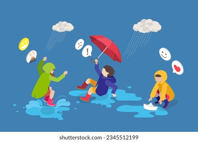 3D Isometric Flat Vector Conceptual Illustration of Walking Outdoors In Rain, Fun on Rainy Day