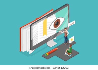 3D-Isometrisches flaches Vektordesign, Conceptual Illustration of Visual Learning, Strategie, Material zu sehen, statt zu hören, besser zu merken