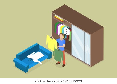 3D Isometric Flat Vector Conceptual Illustration of Home Wardrobe Room, Clothing Organization and Storage