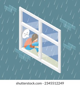 3D Isometric Flat Vector Conceptual Illustration of Depression, Sad Girl Near Window