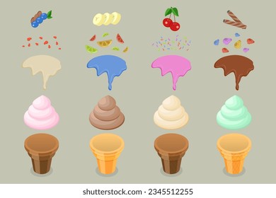 3D Isometric Flat Vector Conceptual Illustration of Creating Ice Cream, Sweet Summer Delicacy Sundaes